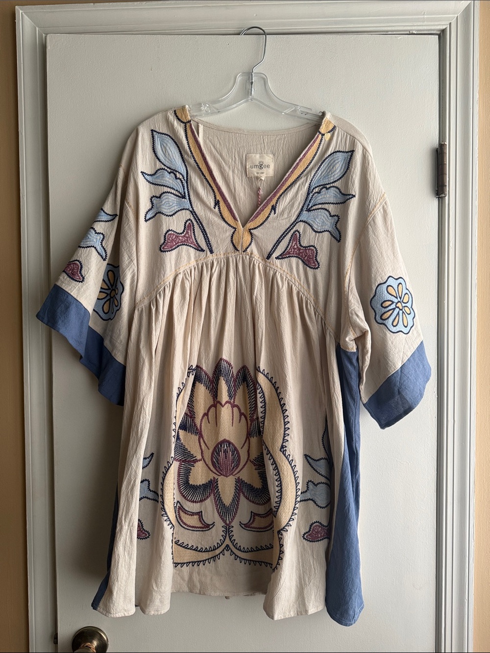 Umgee Cream Tunic Dress with Blue Floral Embroidery - Picture 1 of 14